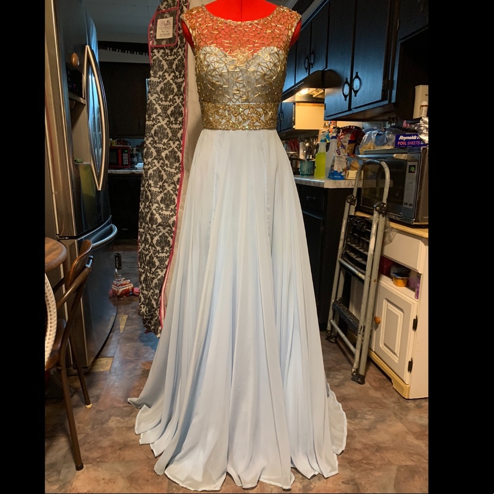 Light blue Jovani with gold beading